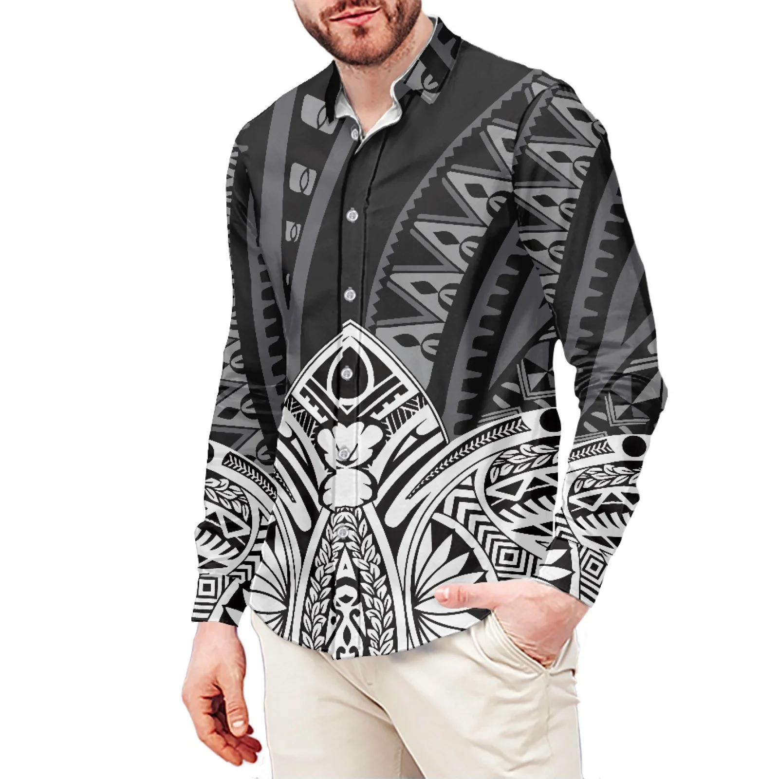 Blue And Black Tattoo Picture Ethnic Style Printed T-Shirt Polynesian Long Sleeve Shirt Samoa Men's Dress Shirt Wedding S-6xl