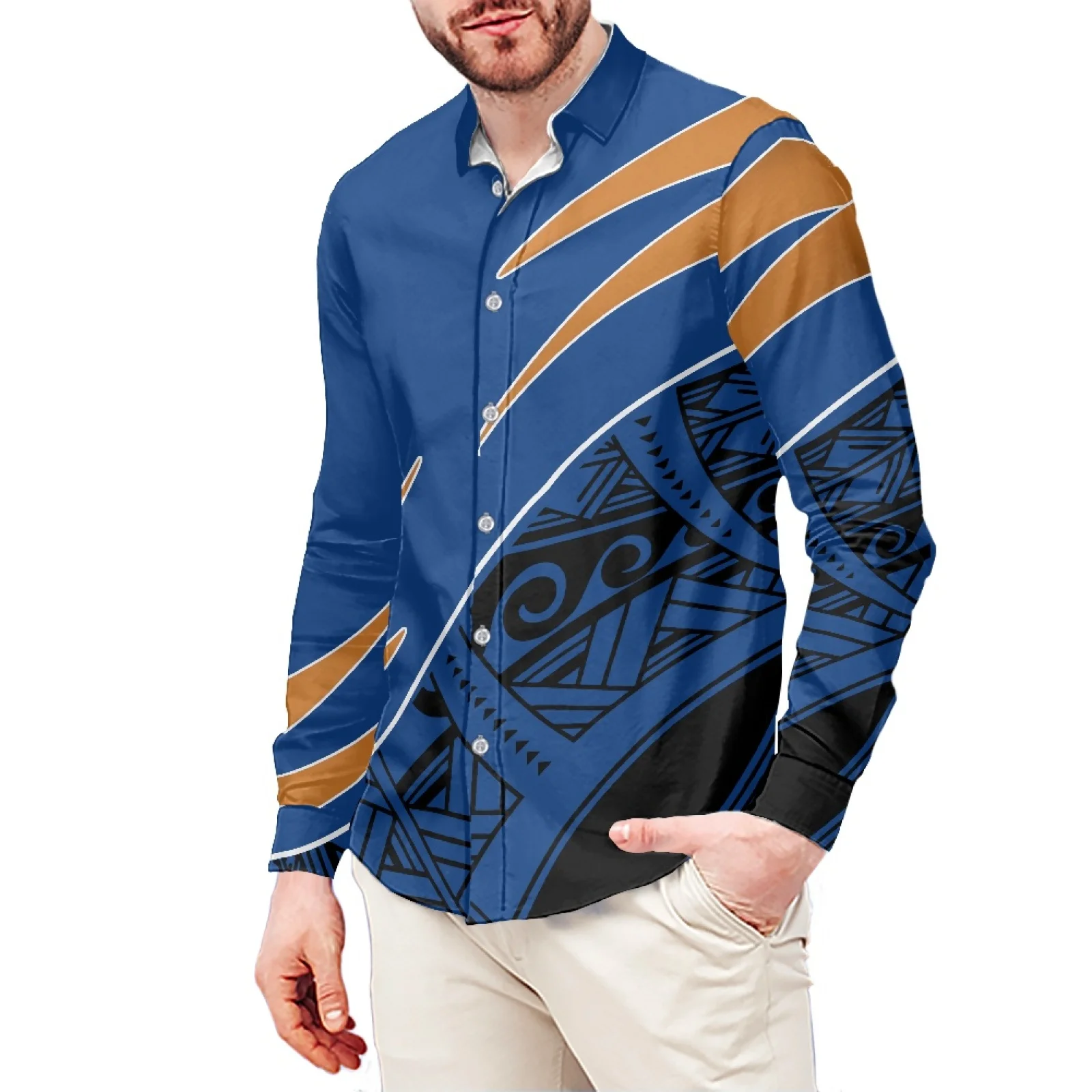 Blue And Black Tattoo Picture Ethnic Style Printed T-Shirt Polynesian Long Sleeve Shirt Samoa Men's Dress Shirt Wedding S-6xl