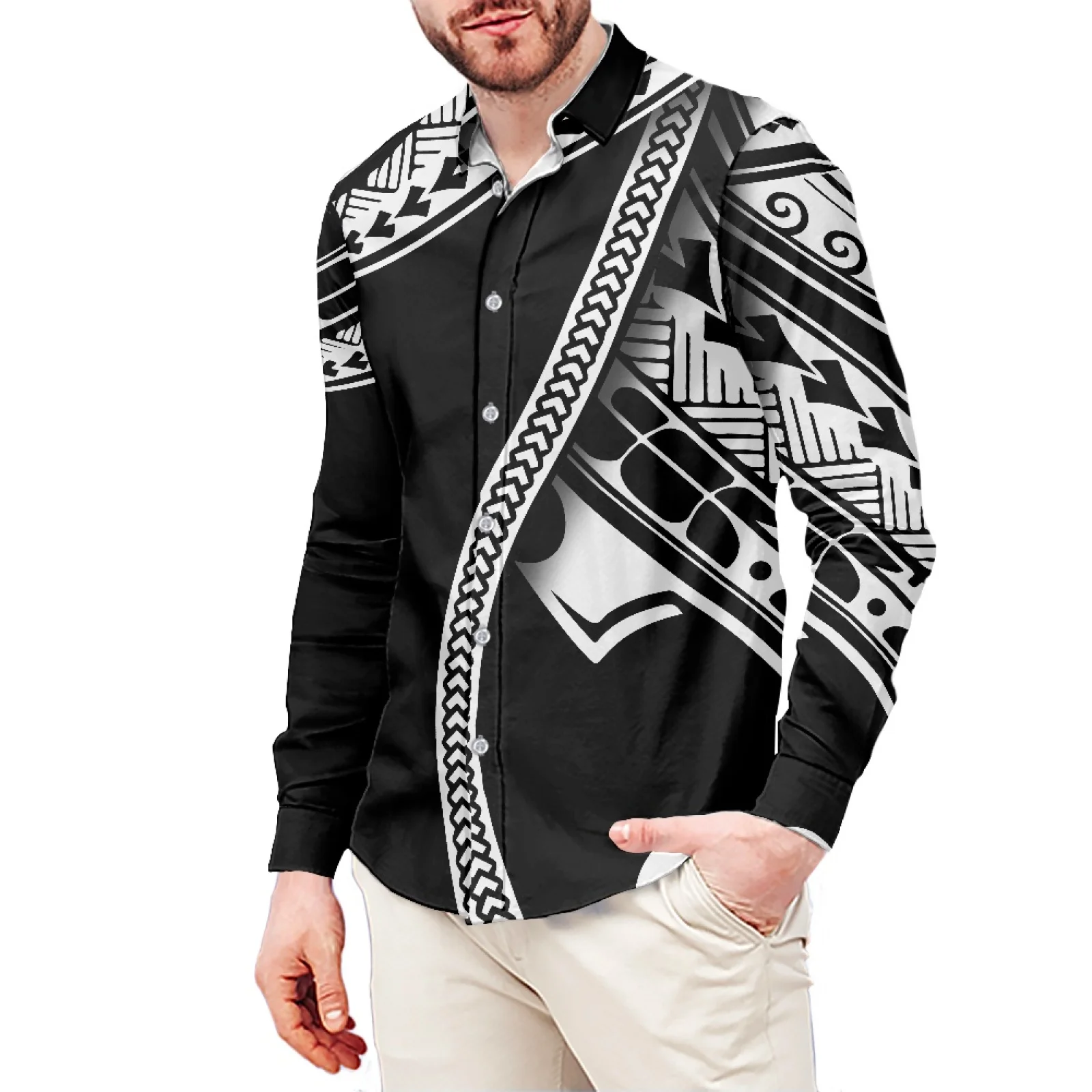 Blue And Black Tattoo Picture Ethnic Style Printed T-Shirt Polynesian Long Sleeve Shirt Samoa Men's Dress Shirt Wedding S-6xl