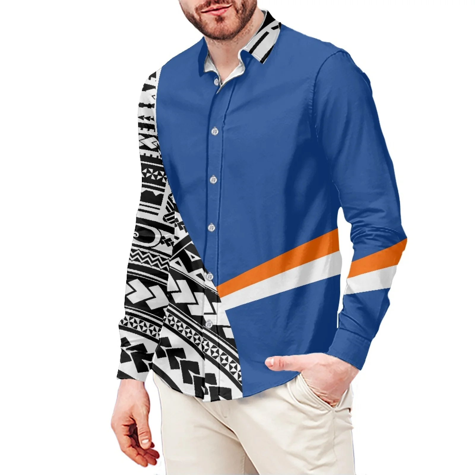 Blue And Black Tattoo Picture Ethnic Style Printed T-Shirt Polynesian Long Sleeve Shirt Samoa Men's Dress Shirt Wedding S-6xl