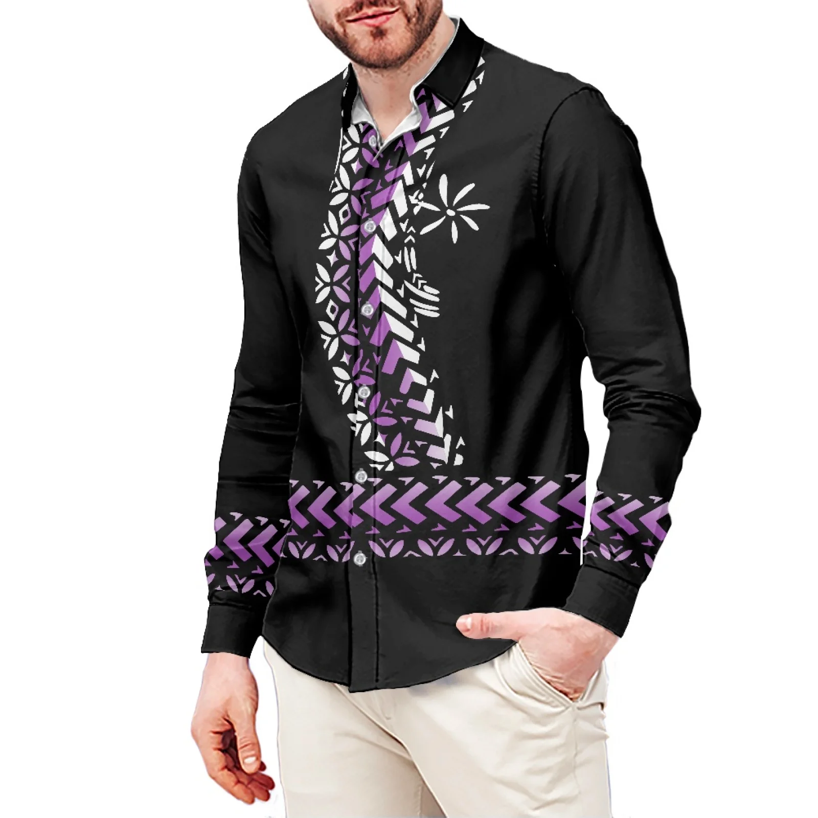 European Men's Tattoo Print Style T-Shirt Polynesia Slim Long Sleeve Shirt Samoa Men's Dress Shirt Wedding S-6xl