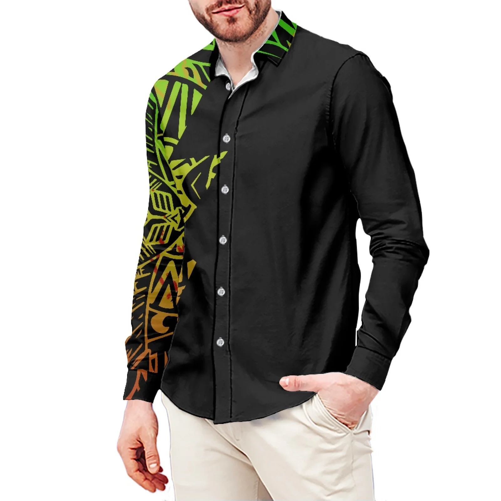 Traditional Hibiscus Tattoo Print Style T-Shirt Polynesian Slim Long Sleeve Shirt Samoa Men's Dress Shirt Wedding S-6xl