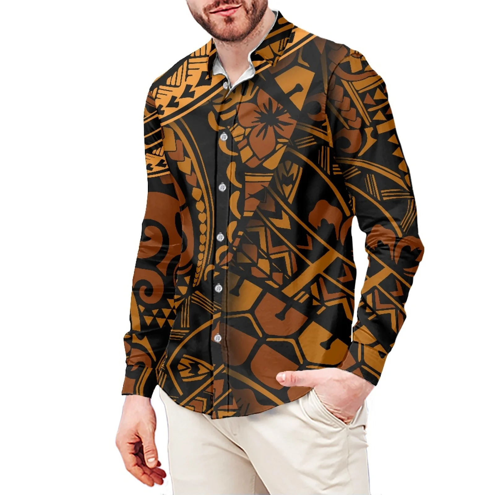 Traditional Hibiscus Tattoo Print Style T-Shirt Polynesian Slim Long Sleeve Shirt Samoa Men's Dress Shirt Wedding S-6xl