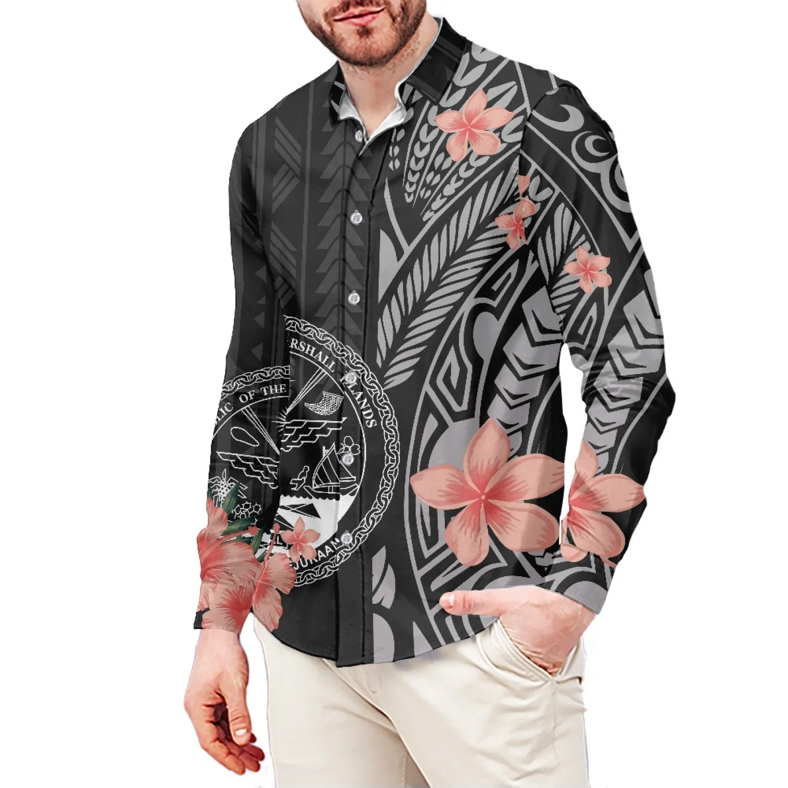 Traditional Hibiscus Tattoo Print Style T-Shirt Polynesian Slim Long Sleeve Shirt Samoa Men's Dress Shirt Wedding S-6xl