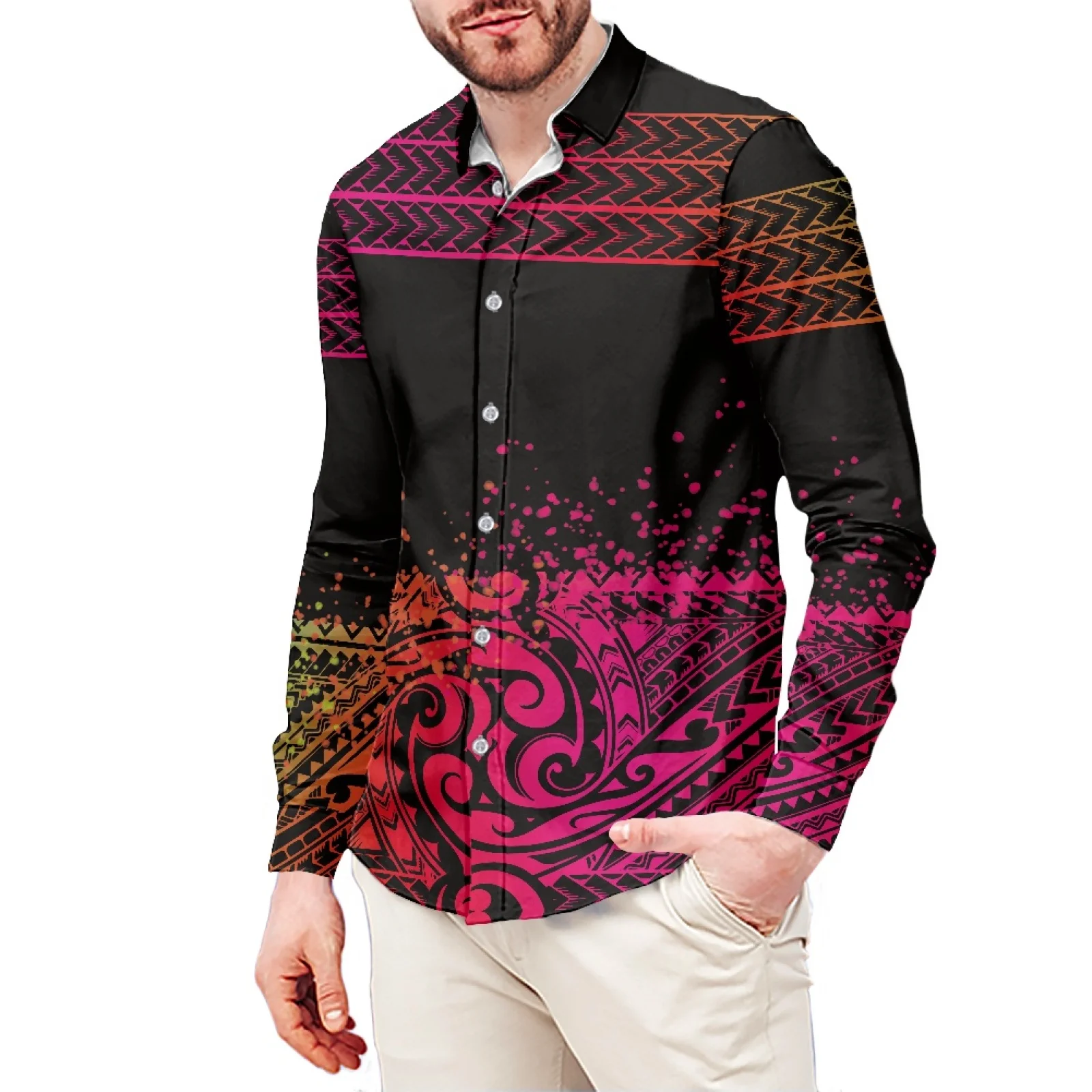 Traditional Hibiscus Tattoo Print Style T-Shirt Polynesian Slim Long Sleeve Shirt Samoa Men's Dress Shirt Wedding S-6xl