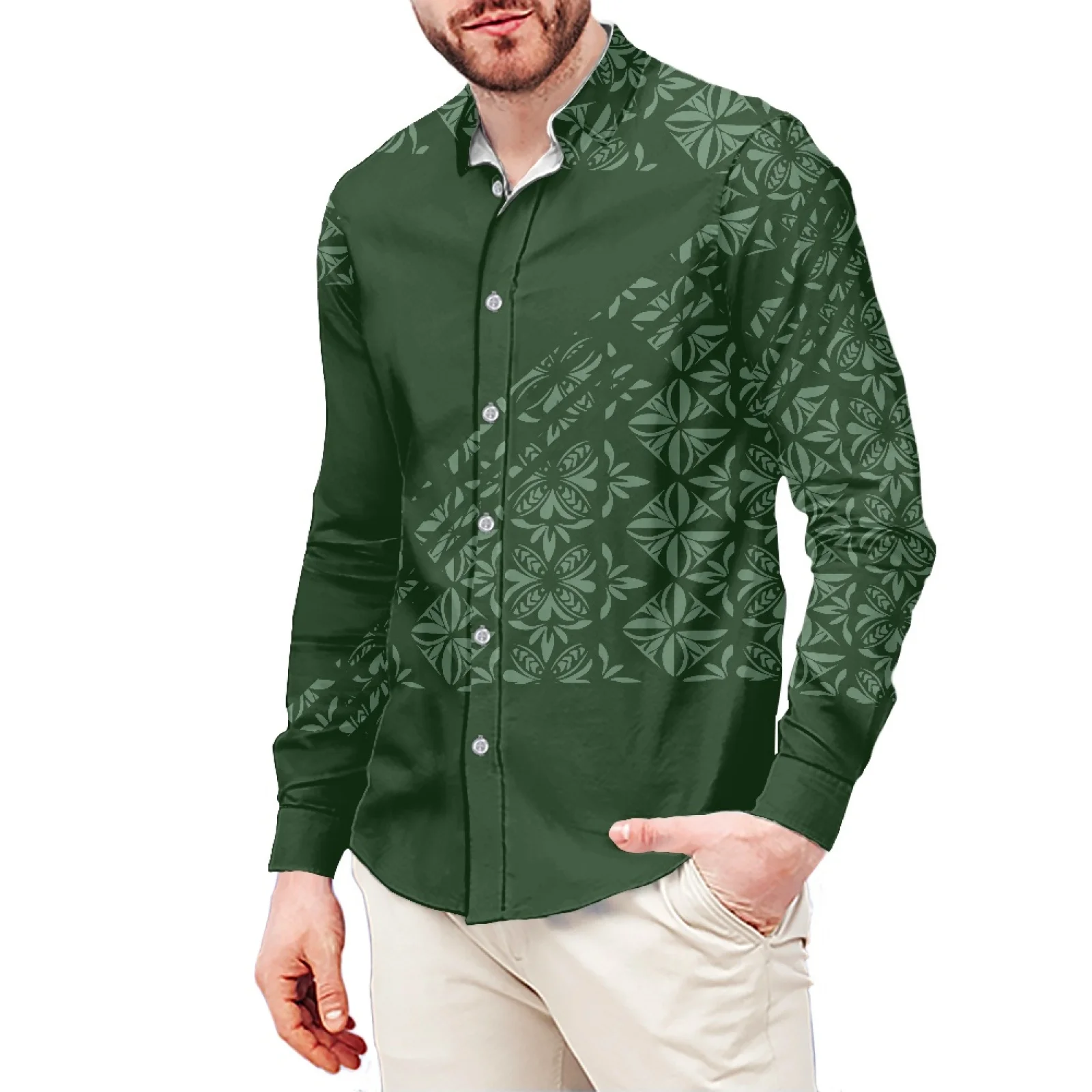 Traditional Hibiscus Tattoo Print Style T-Shirt Polynesian Slim Long Sleeve Shirt Samoa Men's Dress Shirt Wedding S-6xl