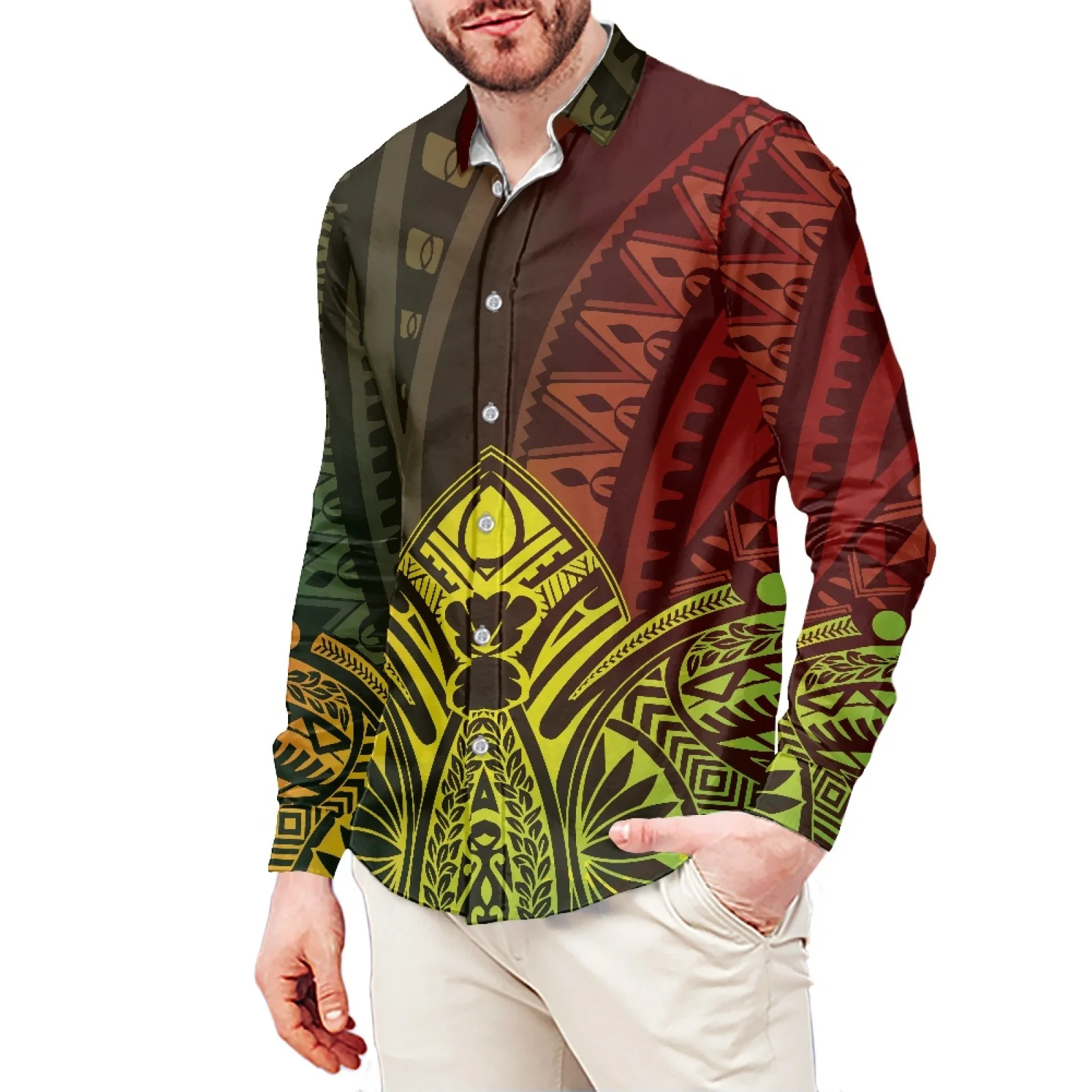 Traditional Hibiscus Tattoo Print Style T-Shirt Polynesian Slim Long Sleeve Shirt Samoa Men's Dress Shirt Wedding S-6xl