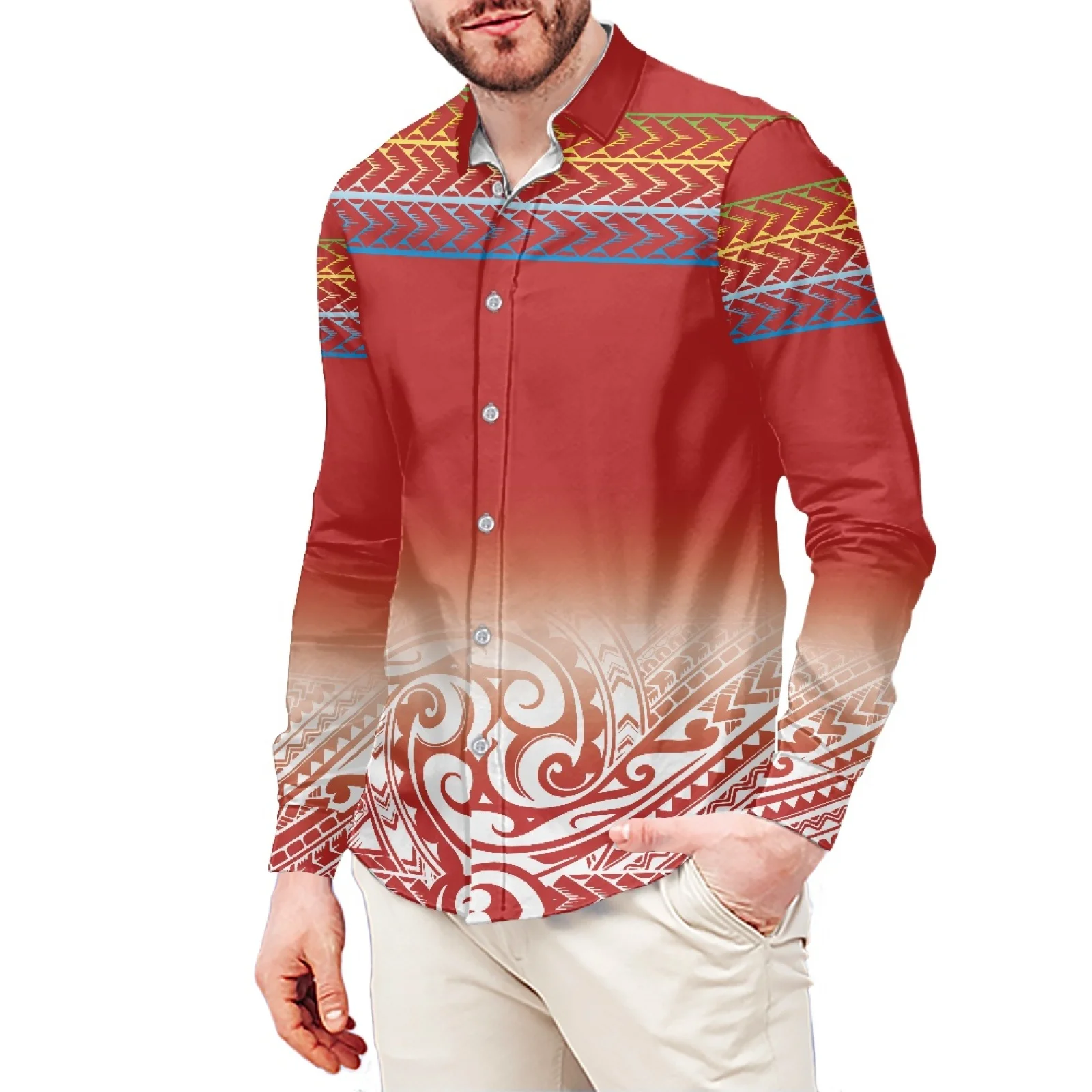 Traditional Hibiscus Tattoo Print Style T-Shirt Polynesian Slim Long Sleeve Shirt Samoa Men's Dress Shirt Wedding S-6xl