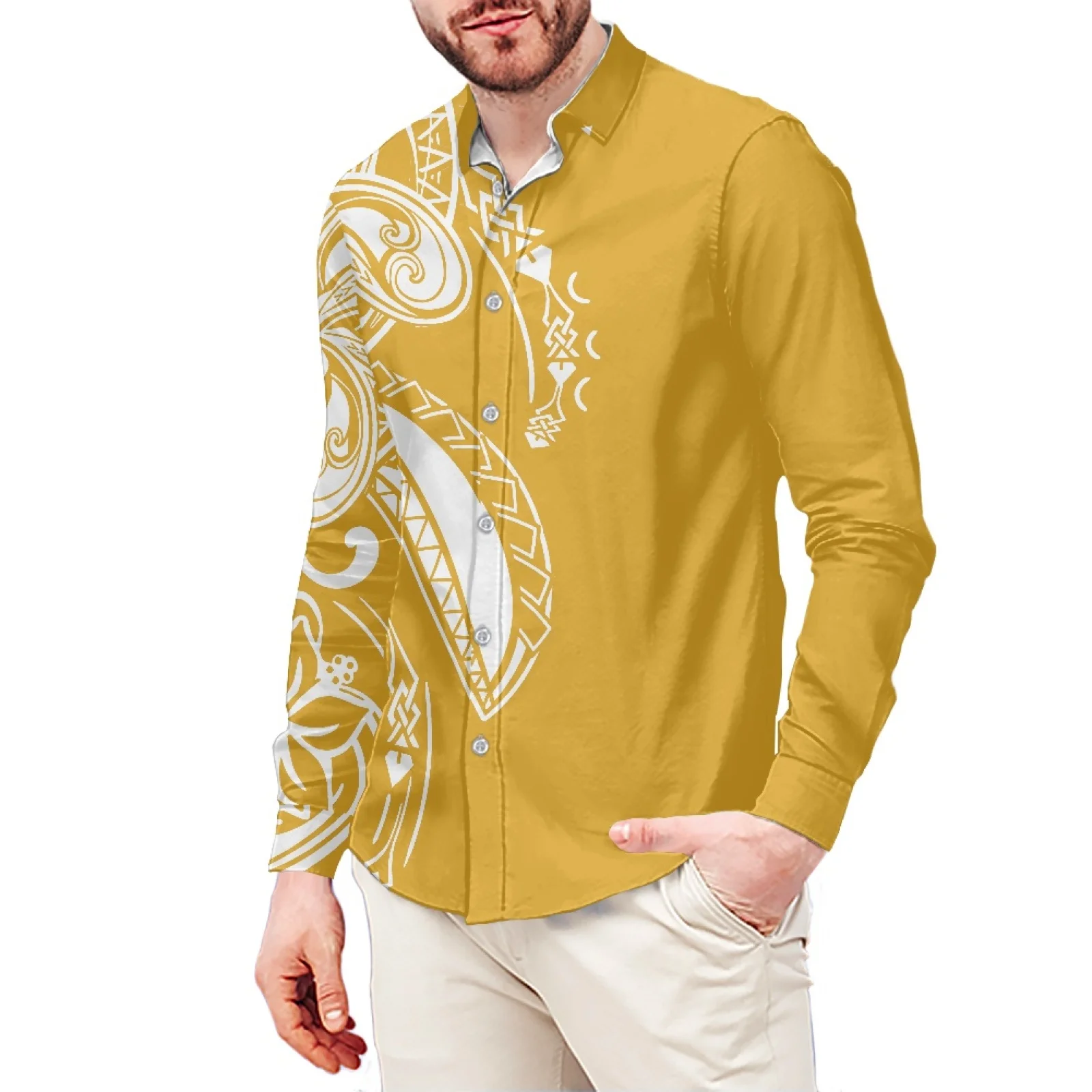 Traditional Hibiscus Tattoo Print Style T-Shirt Polynesian Slim Long Sleeve Shirt Samoa Men's Dress Shirt Wedding S-6xl