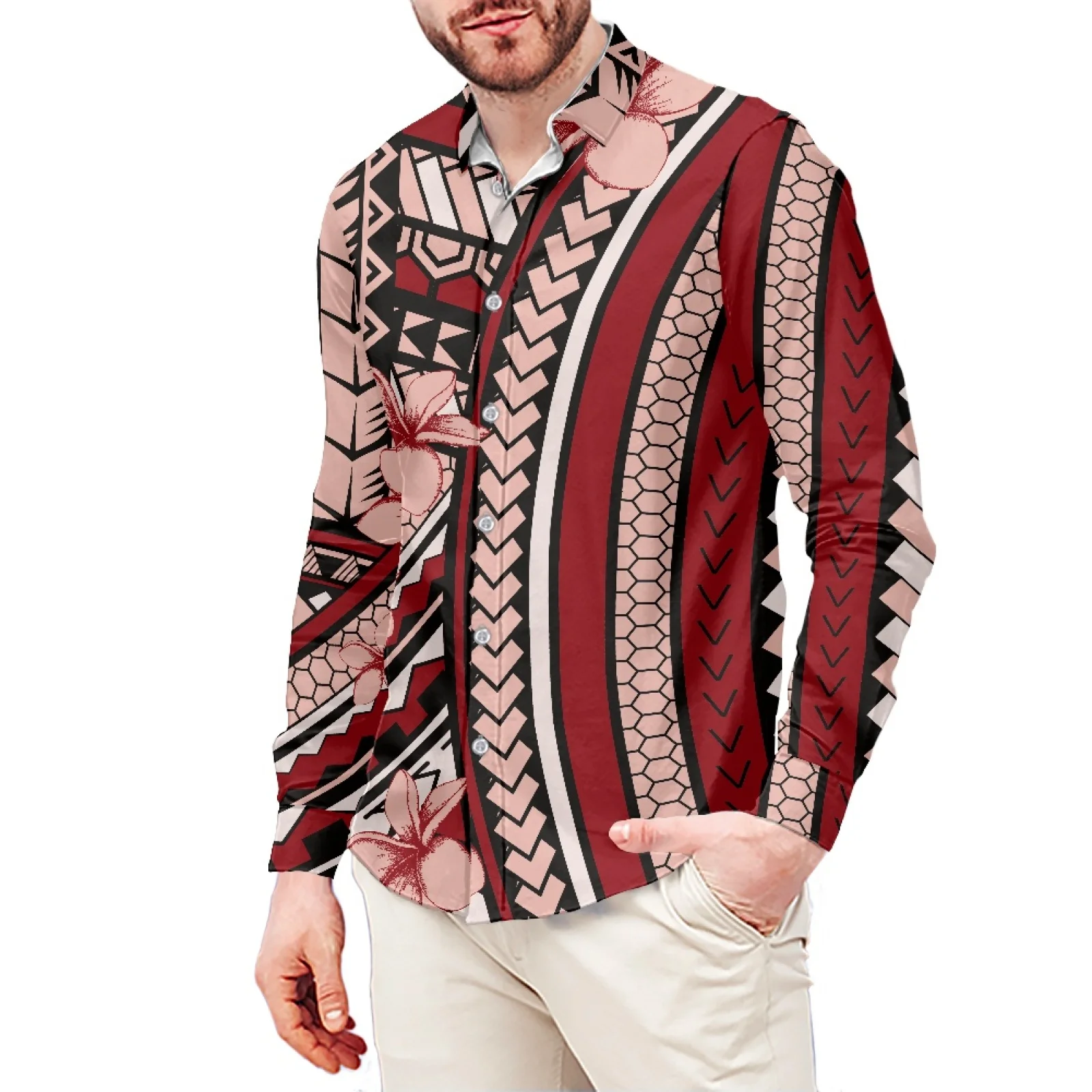 Traditional Hibiscus Tattoo Print Style T-Shirt Polynesian Slim Long Sleeve Shirt Samoa Men's Dress Shirt Wedding S-6xl