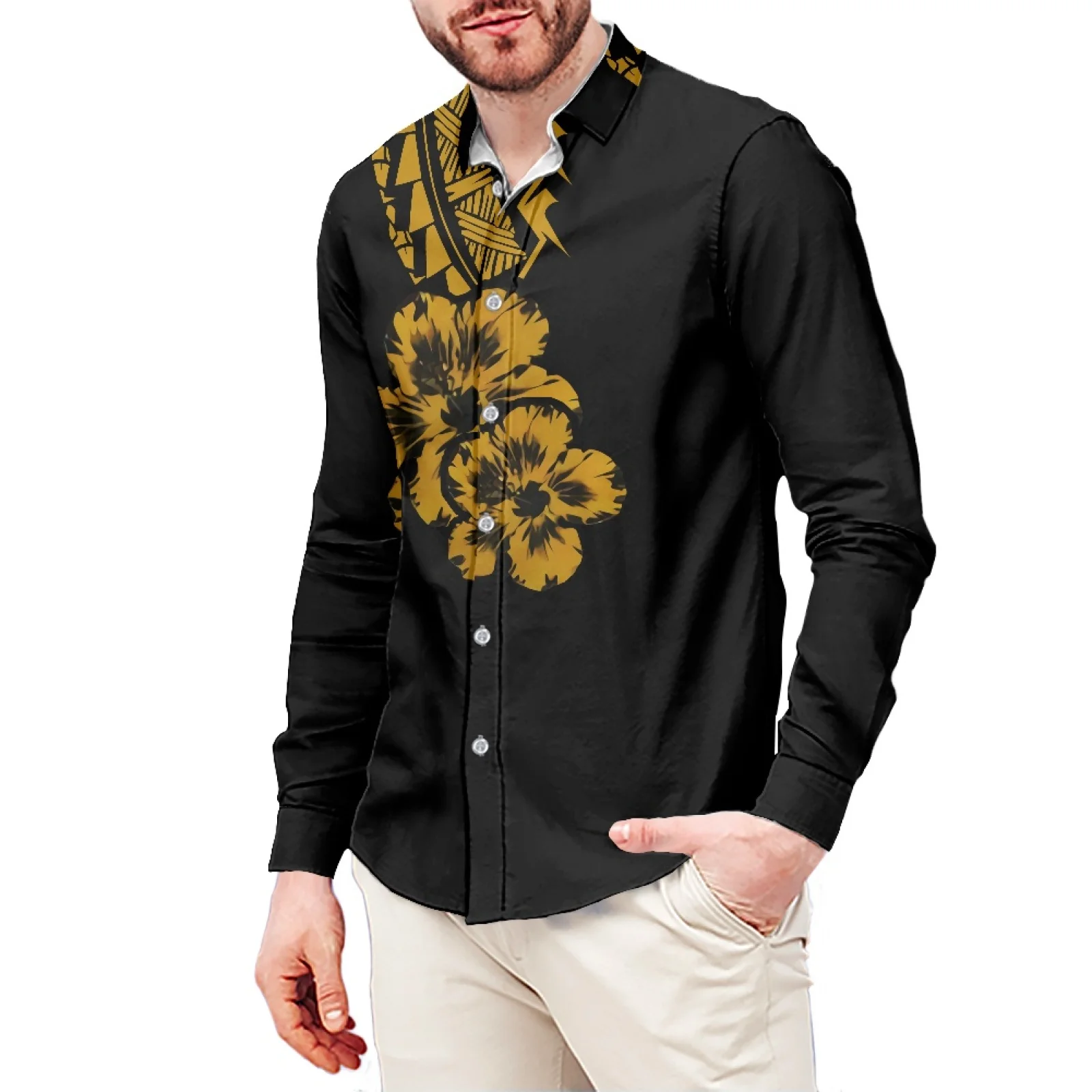 Traditional Hibiscus Tattoo Print Style T-Shirt Polynesian Slim Long Sleeve Shirt Samoa Men's Dress Shirt Wedding S-6xl