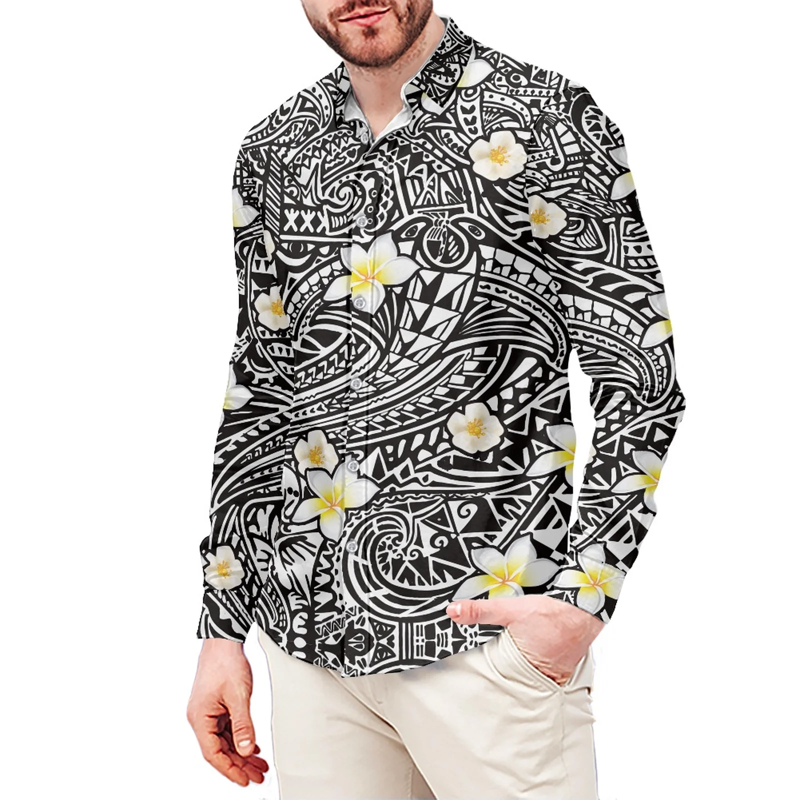 Traditional Hibiscus Tattoo Print Style T-Shirt Polynesian Slim Long Sleeve Shirt Samoa Men's Dress Shirt Wedding S-6xl