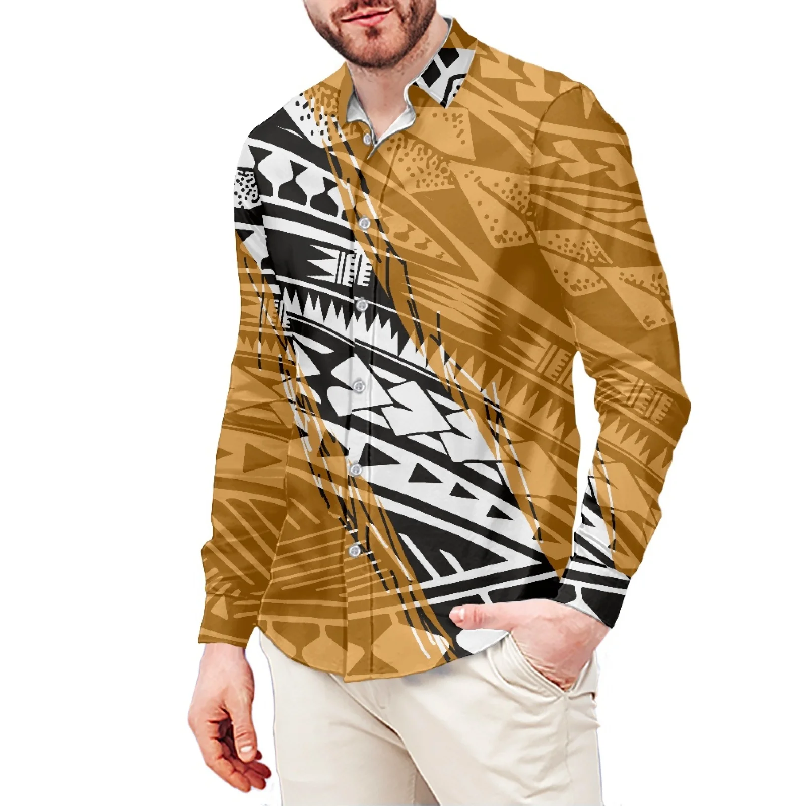 Samoa Tattoo Print Style T-Shirt Polynesian Slim Long Sleeve Shirt Men's Dress Shirt Wedding S-6xl