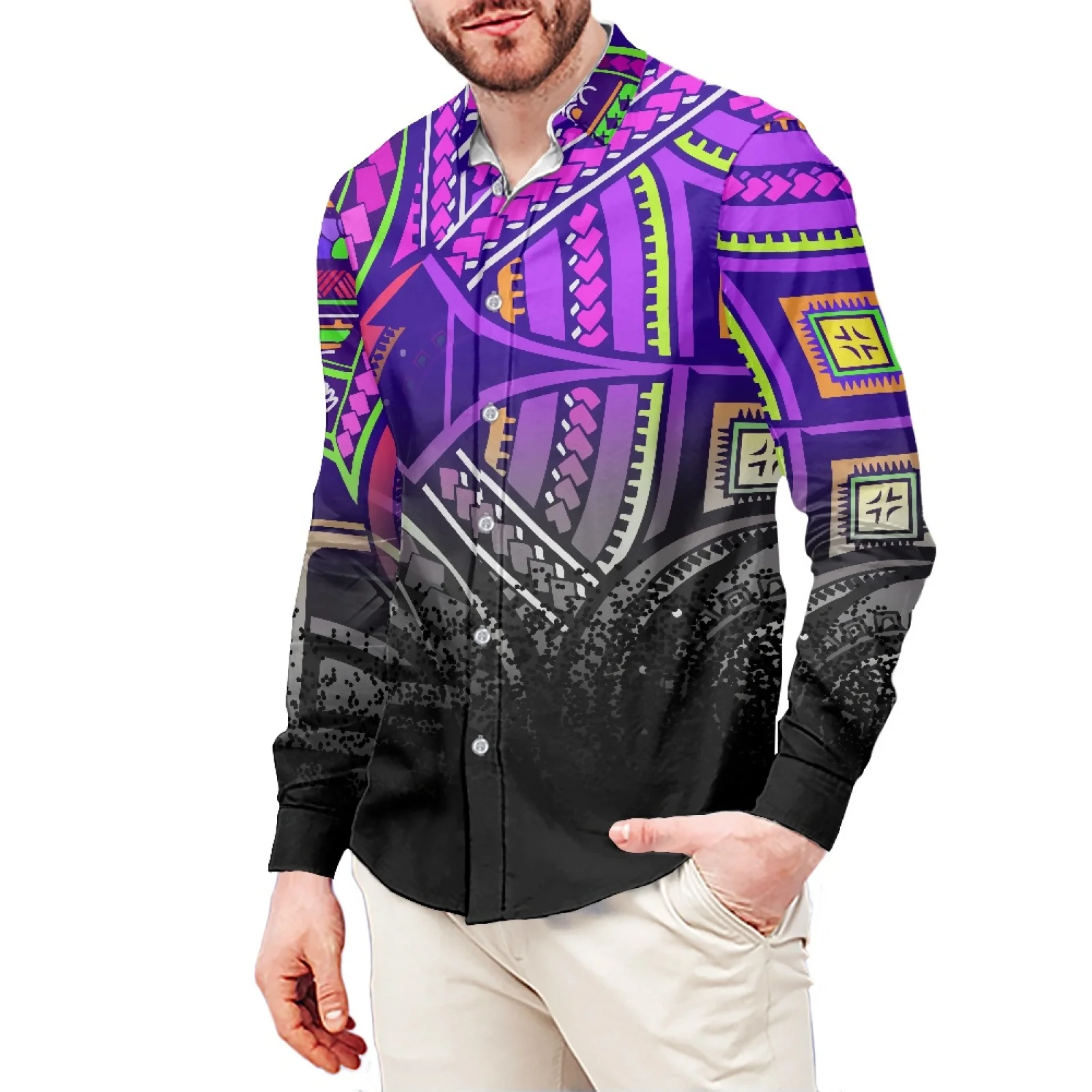 Colorful Luxury Tattoo Print Style T-Shirt Polynesian Slim Long Sleeve Shirt Samoan Men's Dress Shirt Wedding S-6xl