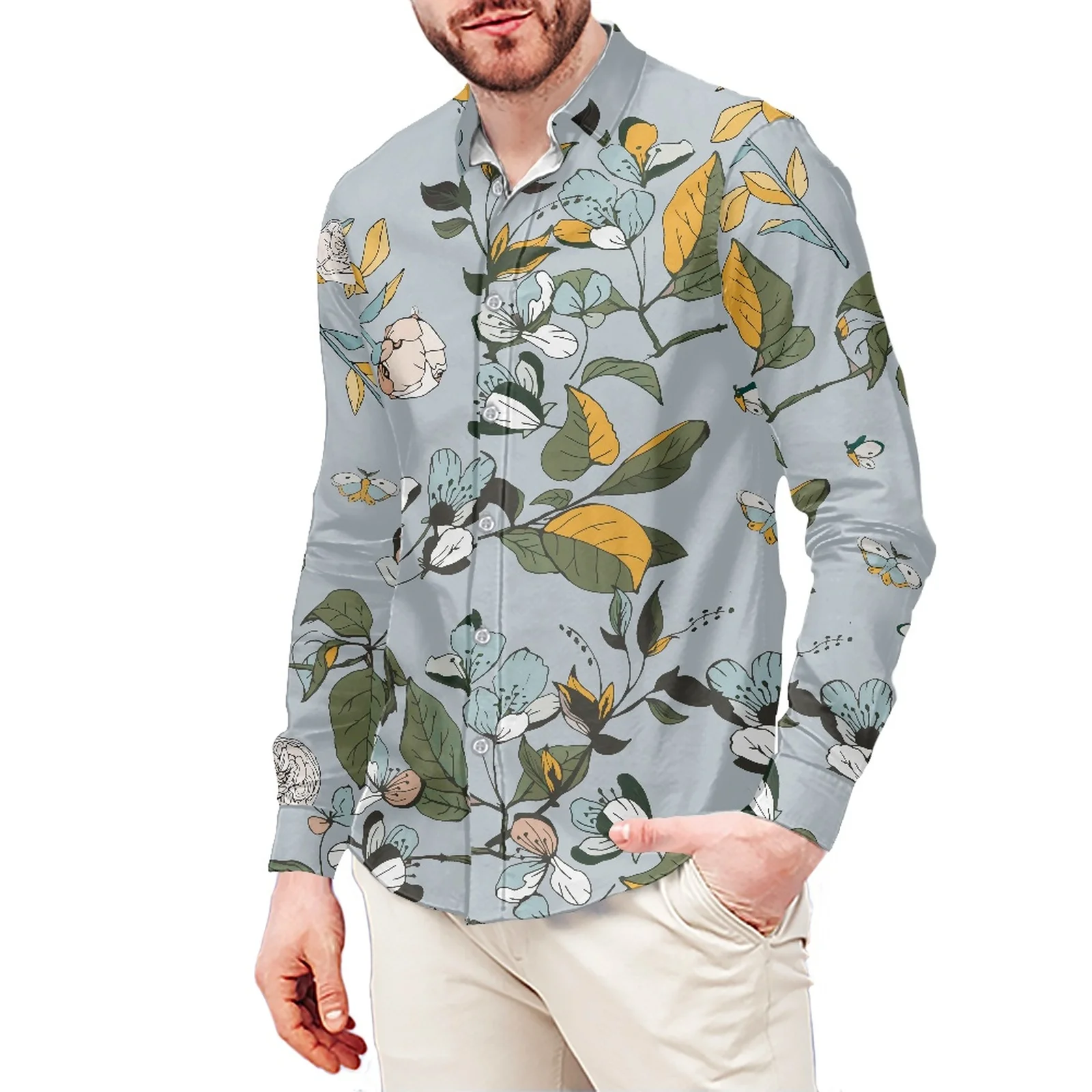 Floral Print T-Shirt Polynesian Samoa Hawaiian Style Slim Long Sleeve Shirt Men's Dress Shirt Wedding S-6xl Fall/Winter