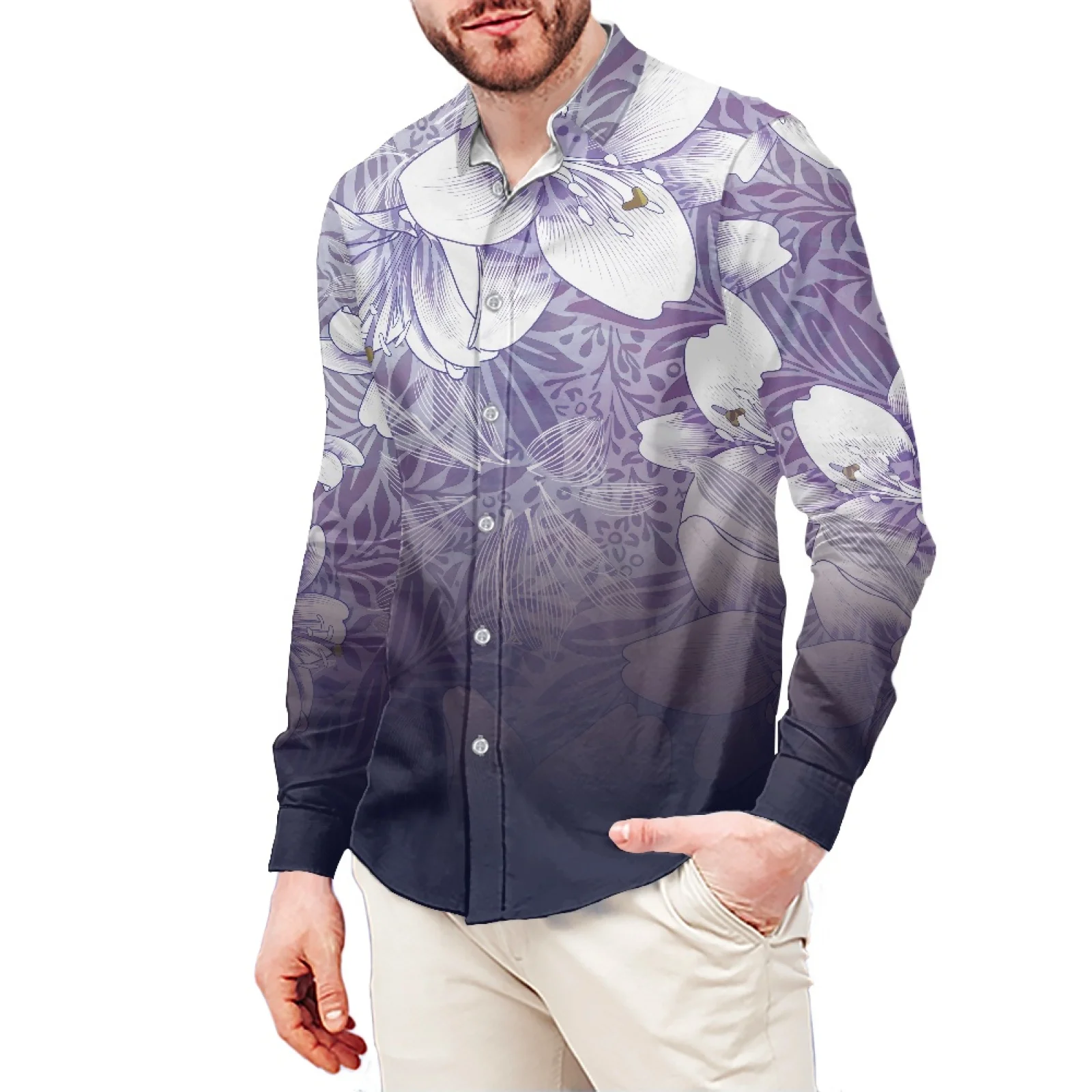 Floral Print T-Shirt Polynesian Samoa Hawaiian Style Slim Long Sleeve Shirt Men's Dress Shirt Wedding S-6xl Fall/Winter