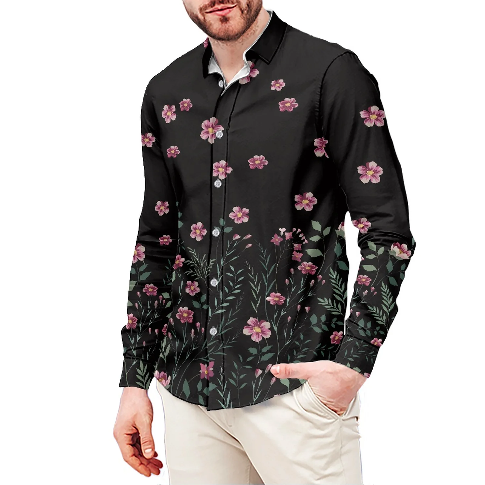 Floral Print T-Shirt Polynesian Samoa Hawaiian Style Slim Long Sleeve Shirt Men's Dress Shirt Wedding S-6xl Fall/Winter