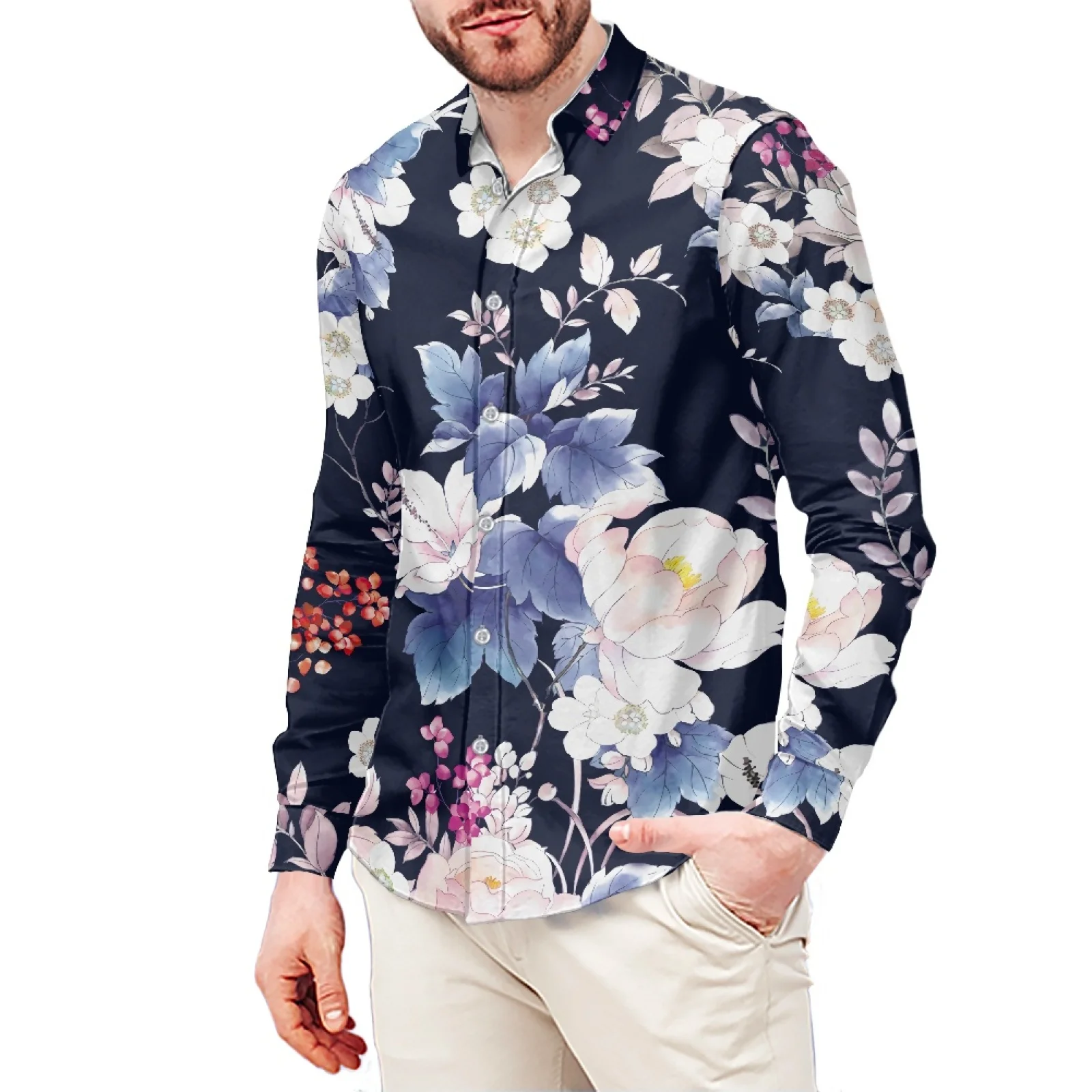 Floral Print T-Shirt Polynesian Samoa Hawaiian Style Slim Long Sleeve Shirt Men's Dress Shirt Wedding S-6xl Fall/Winter