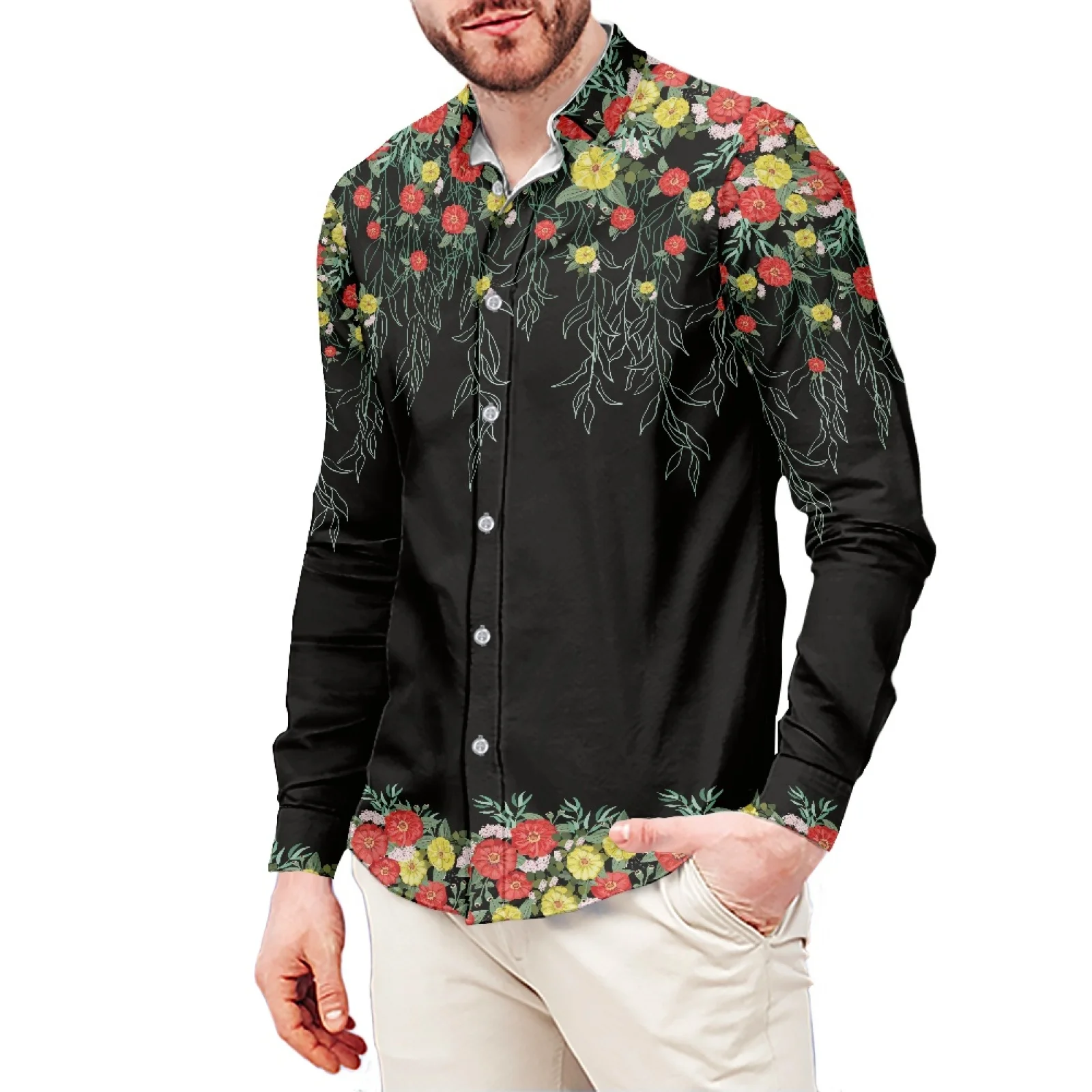 Floral Print T-Shirt Polynesian Samoa Hawaiian Style Slim Long Sleeve Shirt Men's Dress Shirt Wedding S-6xl Fall/Winter