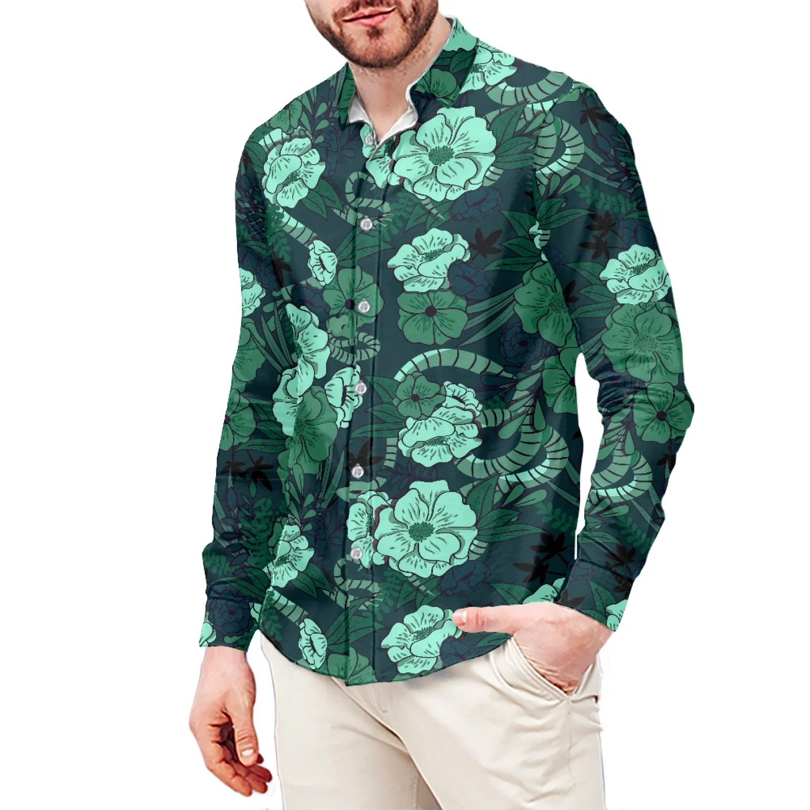 Floral Print T-Shirt Polynesian Samoa Hawaiian Style Slim Long Sleeve Shirt Men's Dress Shirt Wedding S-6xl Fall/Winter