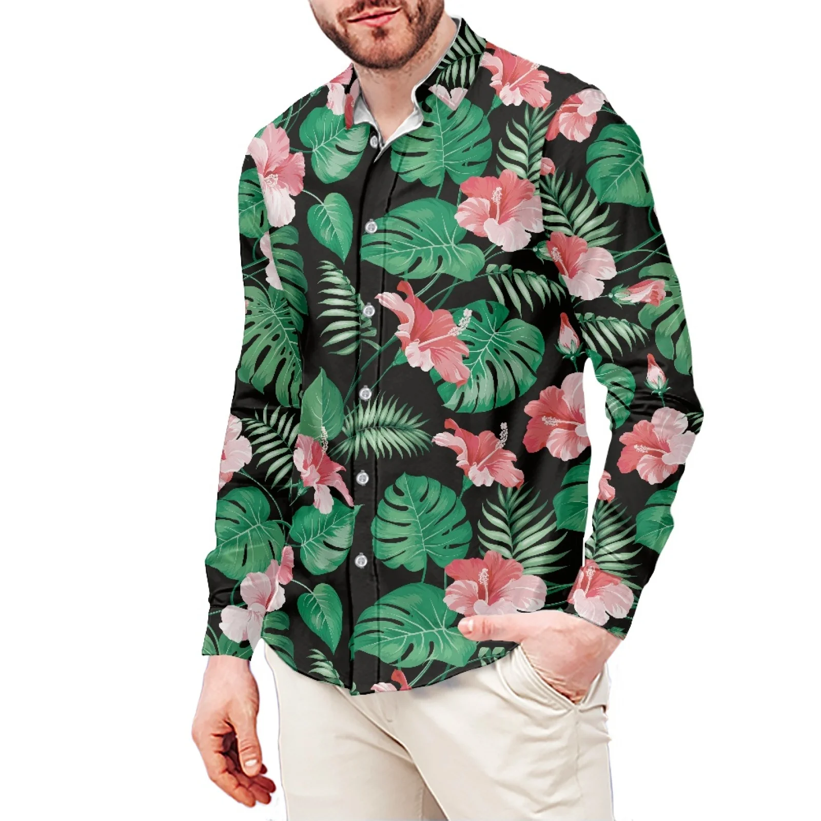 Floral Print T-Shirt Polynesian Samoa Hawaiian Style Slim Long Sleeve Shirt Men's Dress Shirt Wedding S-6xl Fall/Winter