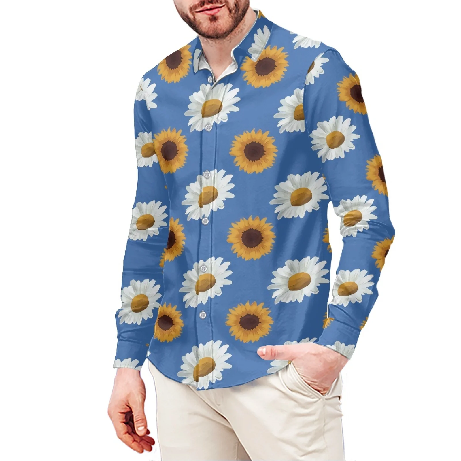 Sunflower Print Slim T-Shirt Polynesian Samoa Hawaiian Style Long Sleeve Shirt Men's Dress Shirt Wedding S-6xl Fall/Winter