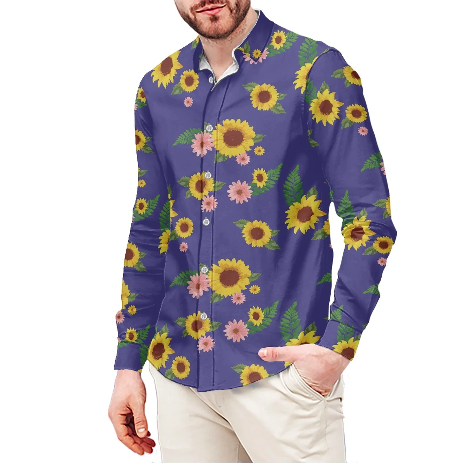 Sunflower Print Slim T-Shirt Polynesian Samoa Hawaiian Style Long Sleeve Shirt Men's Dress Shirt Wedding S-6xl Fall/Winter