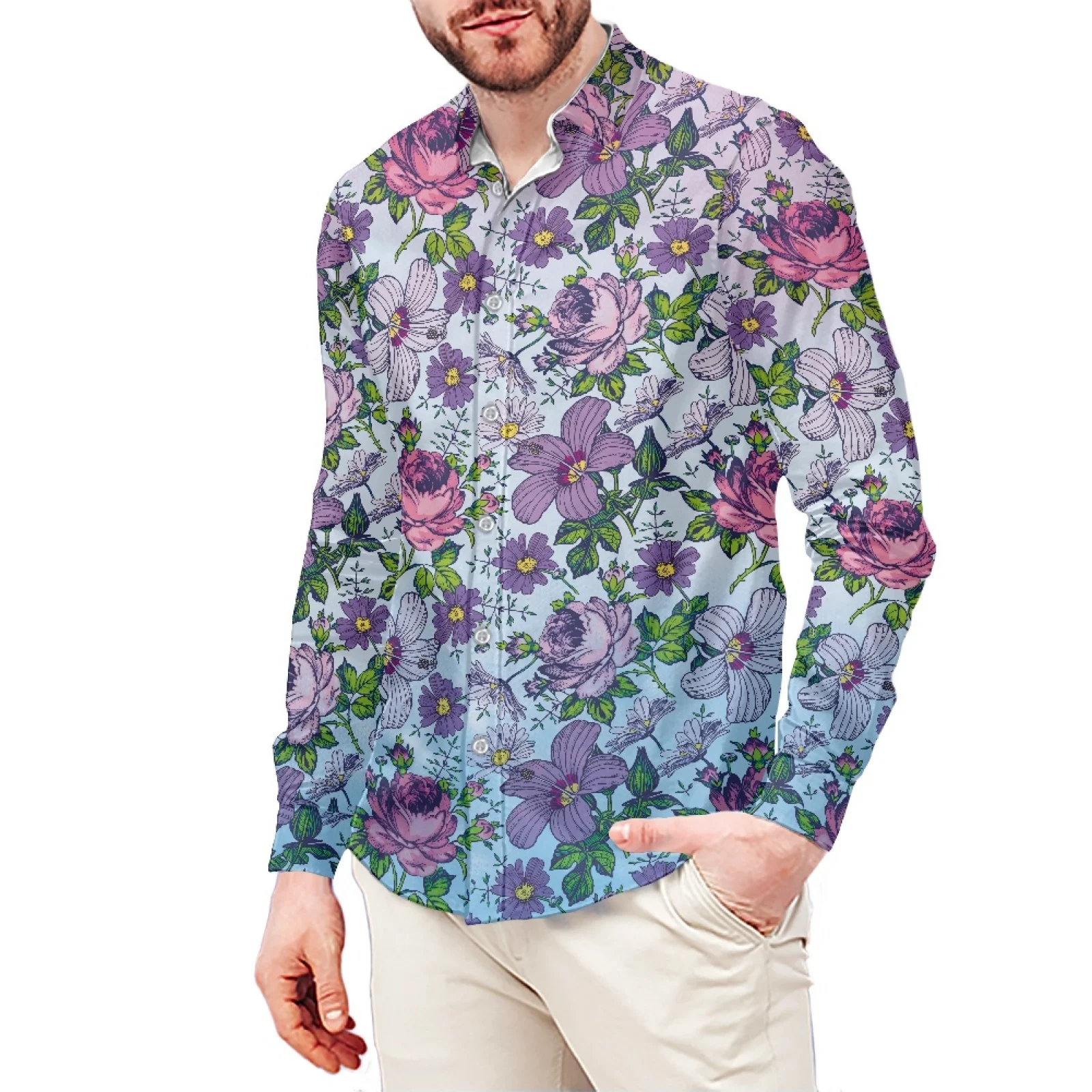 Purple Butterfly Garden Print Slim T-Shirt Polynesian Samoa Hawaiian Style Long Sleeve Shirt Men's Dress Shirt Wedding S-6x