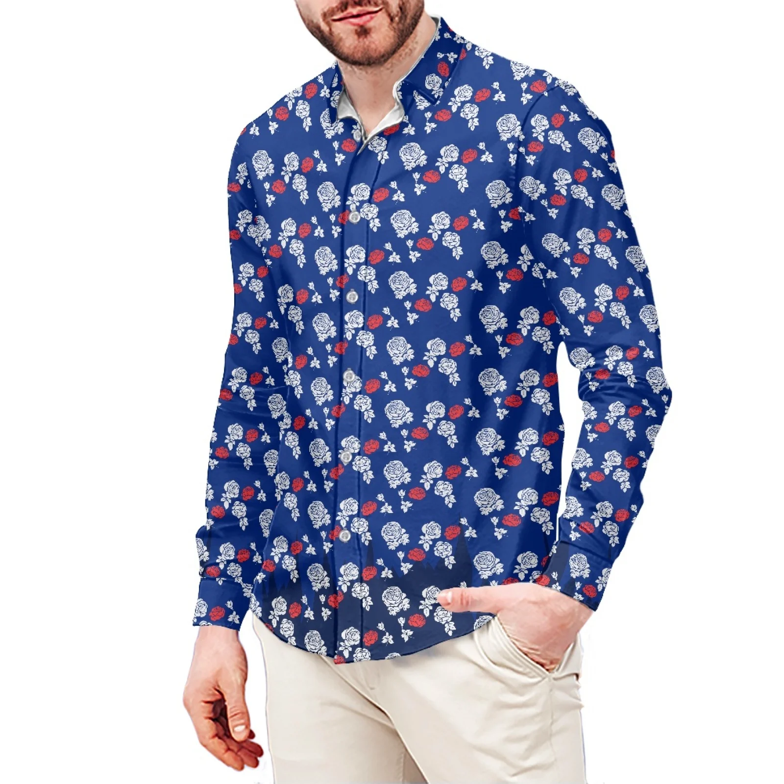 Blue Chrysanthemum Print Slim T-Shirt Polynesian Samoa Hawaiian Style Long Sleeve Shirt Men's Dress Shirt Wedding S-6x