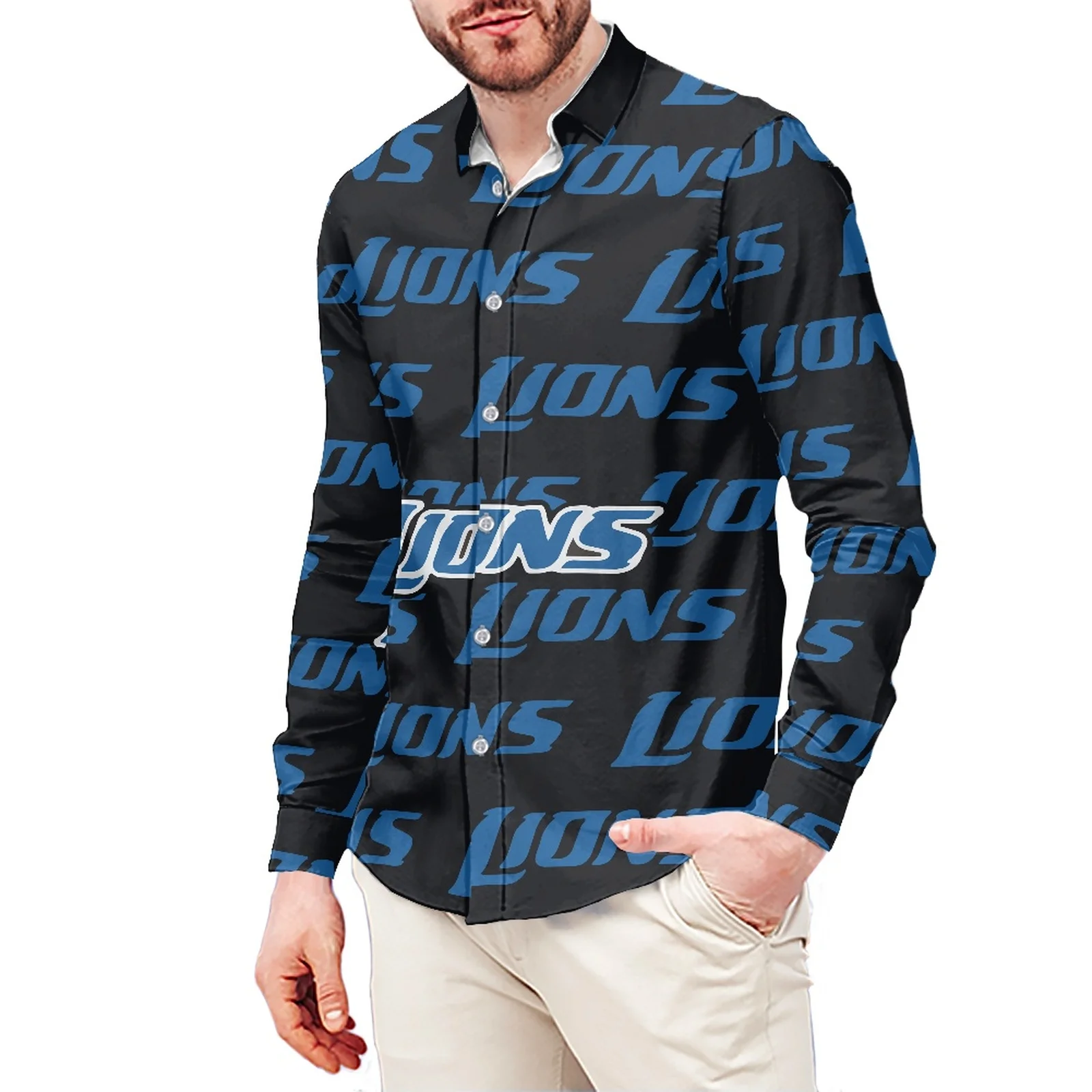 LlONS Lettering Luxury Printed T-Shirt Polynesian Samoa Hawaiian Style Long Sleeve Shirt Men's Dress Shirt Wedding S-6