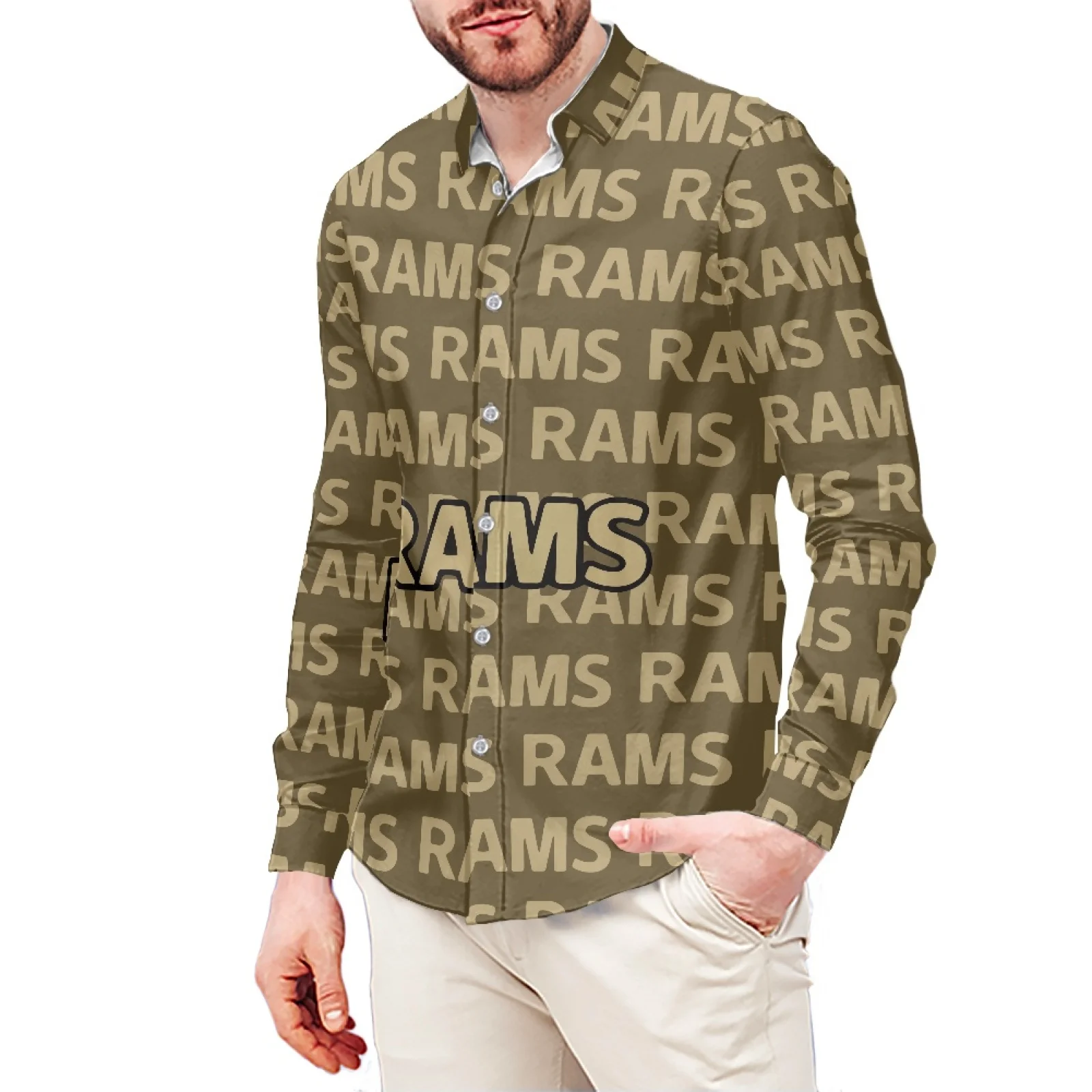 Brown Lettering RAMS Print Trim T-Shirt Polynesian Samoa Hawaiian Style Long Sleeve Shirt Men's Dress Shirt Wedding S-6x