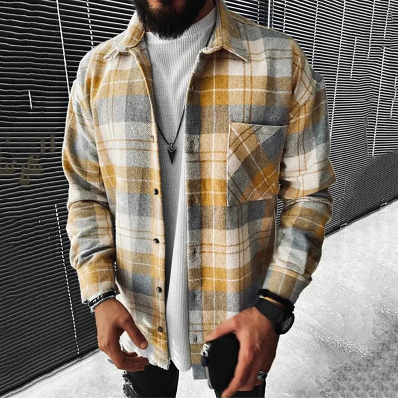 Autumn Winter New Men's Blue White Check Long Sleeve Shirt Casual Stand Collar Pocket Warm Jacket Coat Male Laple Blouse