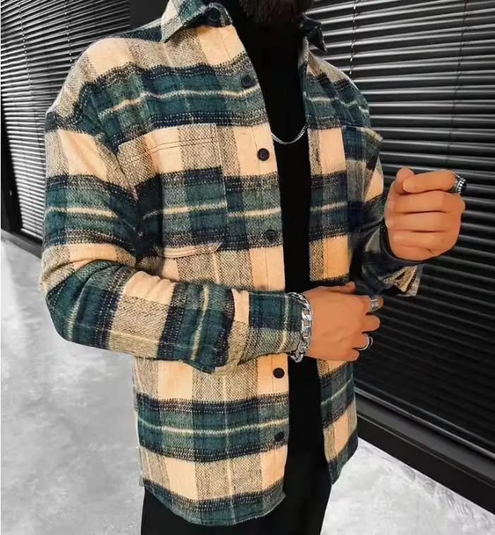 Autumn Winter New Men's Blue White Check Long Sleeve Shirt Casual Stand Collar Pocket Warm Jacket Coat Male Laple Blouse