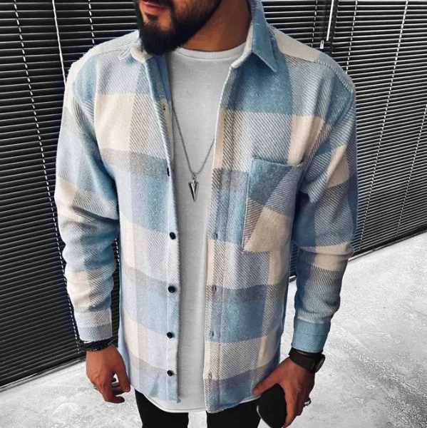 Autumn Winter New Men's Blue White Check Long Sleeve Shirt Casual Stand Collar Pocket Warm Jacket Coat Male Laple Blouse