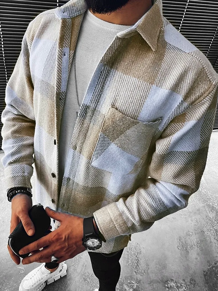 Autumn Winter New Men's Blue White Check Long Sleeve Shirt Casual Stand Collar Pocket Warm Jacket Coat Male Laple Blouse