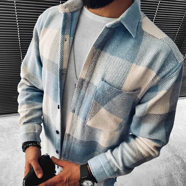 Autumn Winter New Men's Blue White Check Long Sleeve Shirt Casual Stand Collar Pocket Warm Jacket Coat Male Laple Blouse