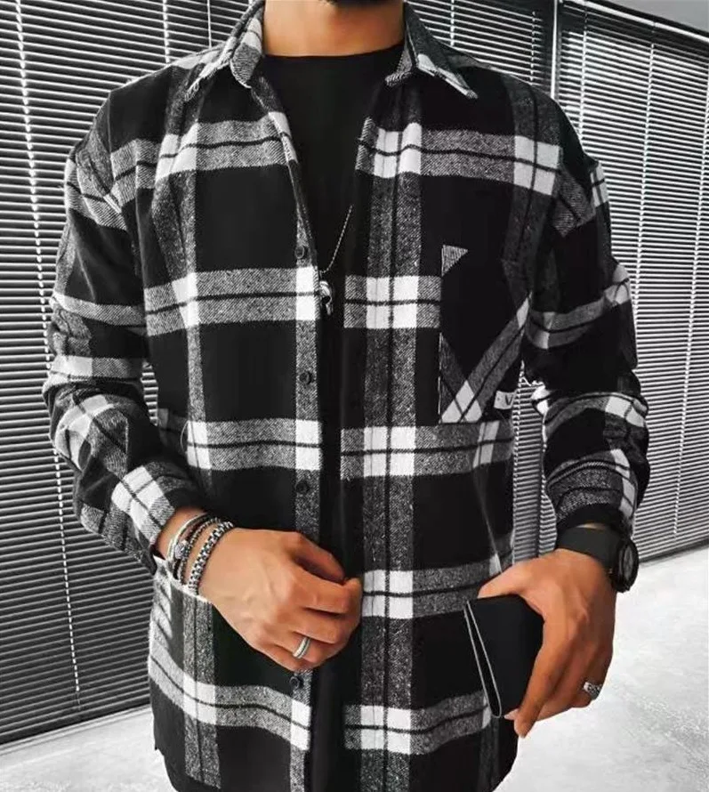 Autumn Winter New Men's Blue White Check Long Sleeve Shirt Casual Stand Collar Pocket Warm Jacket Coat Male Laple Blouse