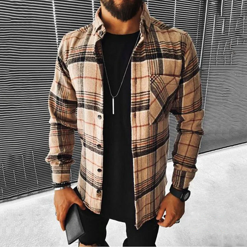 Autumn Winter New Men's Blue White Check Long Sleeve Shirt Casual Stand Collar Pocket Warm Jacket Coat Male Laple Blouse