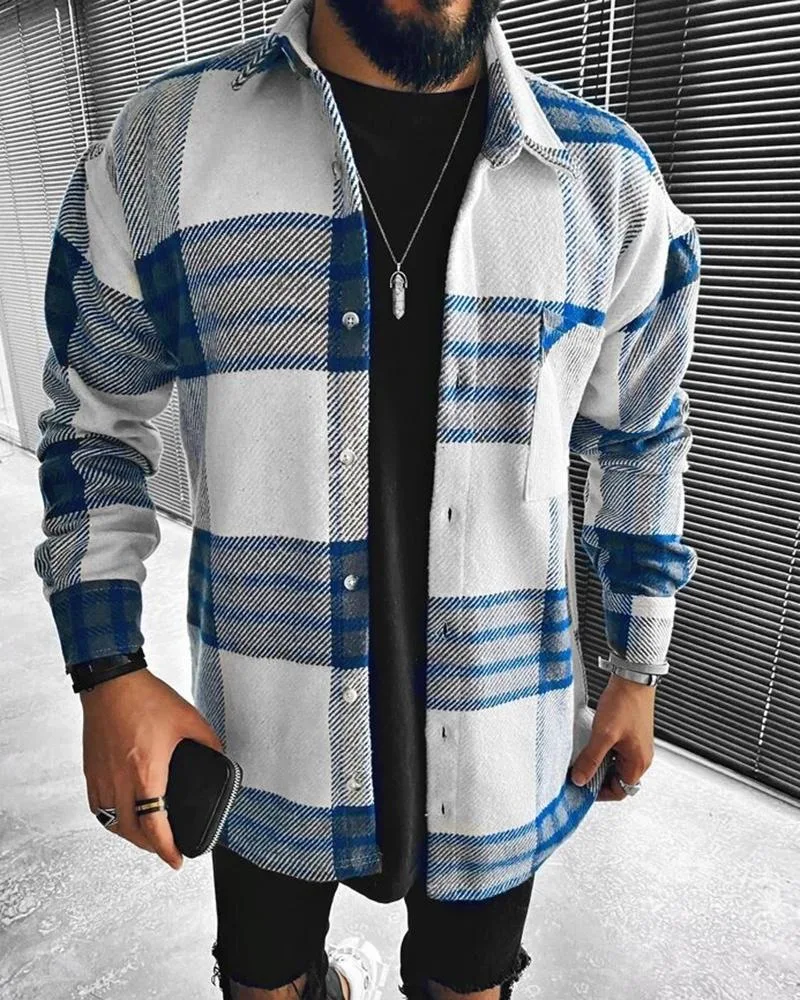 Autumn Winter New Men's Blue White Check Long Sleeve Shirt Casual Stand Collar Pocket Warm Jacket Coat Male Laple Blouse