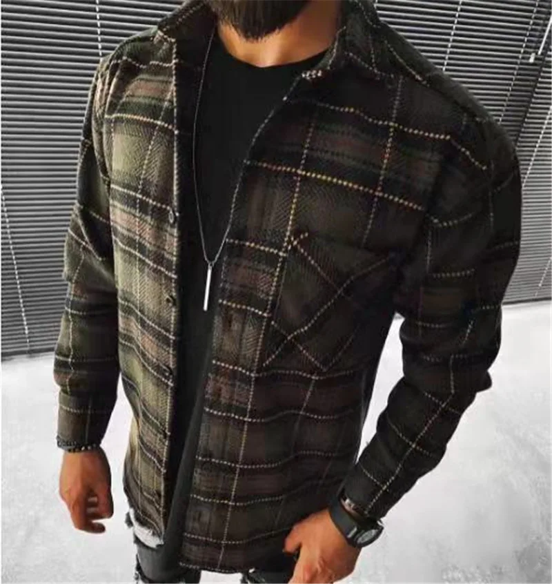 Autumn Winter New Men's Blue White Check Long Sleeve Shirt Casual Stand Collar Pocket Warm Jacket Coat Male Laple Blouse