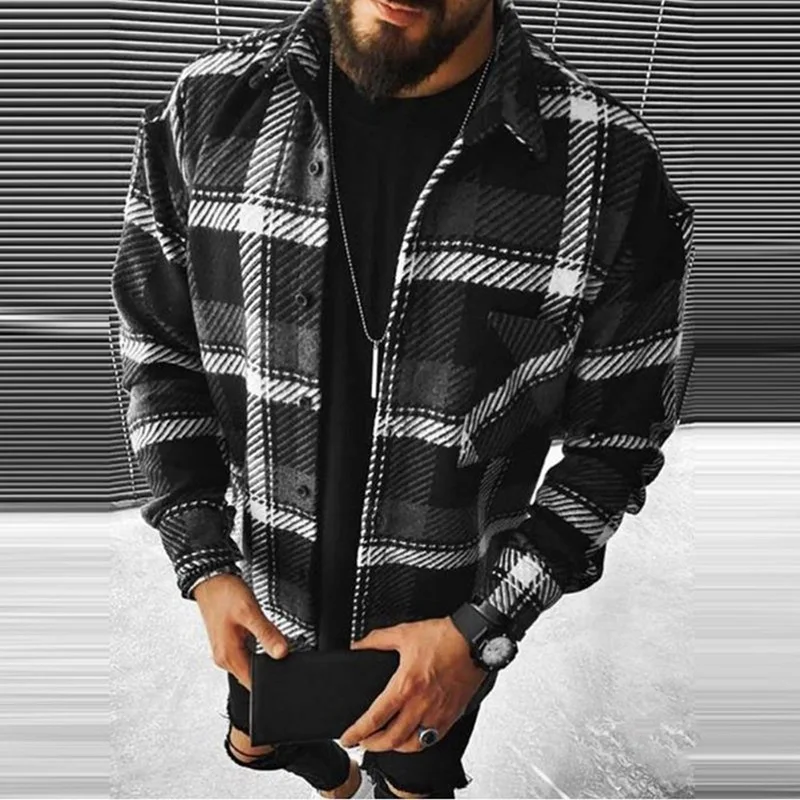 Autumn Winter New Men's Blue White Check Long Sleeve Shirt Casual Stand Collar Pocket Warm Jacket Coat Male Laple Blouse