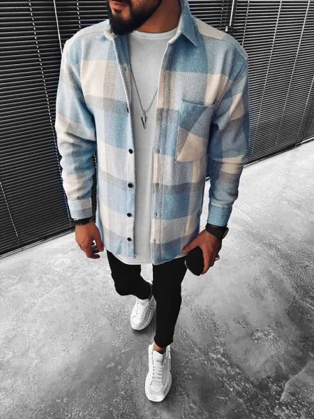 Autumn Winter New Men's Blue White Check Long Sleeve Shirt Casual Stand Collar Pocket Warm Jacket Coat Male Laple Blouse