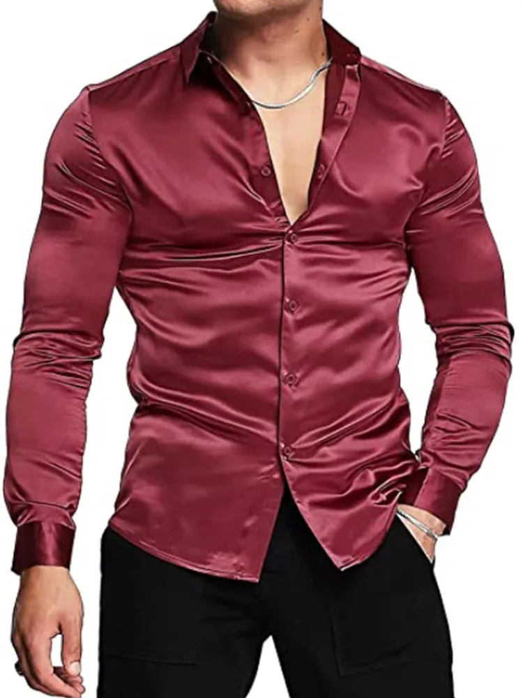 Men's luxury bright Silk ball Dress Shirt Long sleeve Casual slim muscle Button down Shirt plus size S-3XL