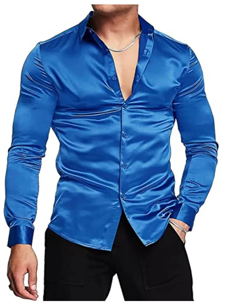 Men's luxury bright Silk ball Dress Shirt Long sleeve Casual slim muscle Button down Shirt plus size S-3XL