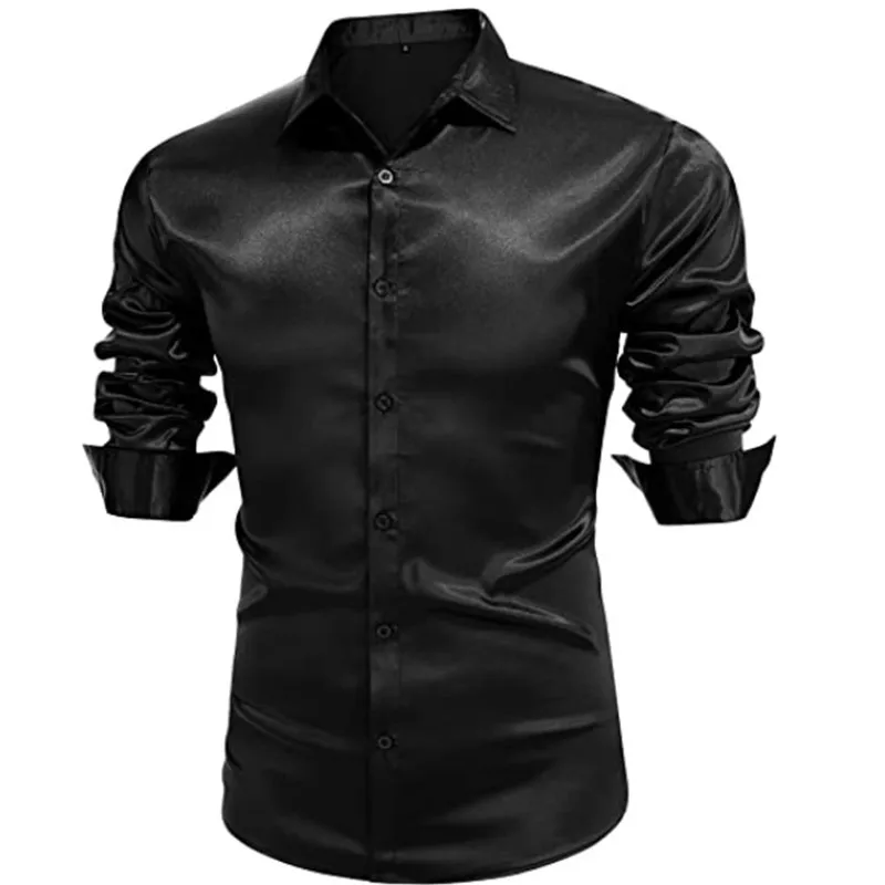 Men's luxury bright Silk ball Dress Shirt Long sleeve Casual slim muscle Button down Shirt plus size S-3XL