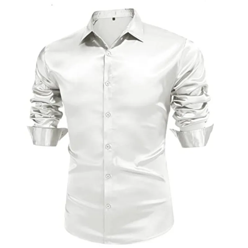 Men's luxury bright Silk ball Dress Shirt Long sleeve Casual slim muscle Button down Shirt plus size S-3XL