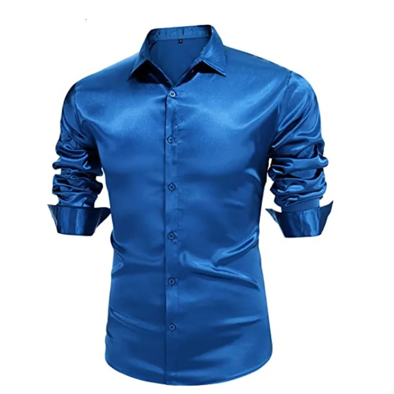 Men's luxury bright Silk ball Dress Shirt Long sleeve Casual slim muscle Button down Shirt plus size S-3XL