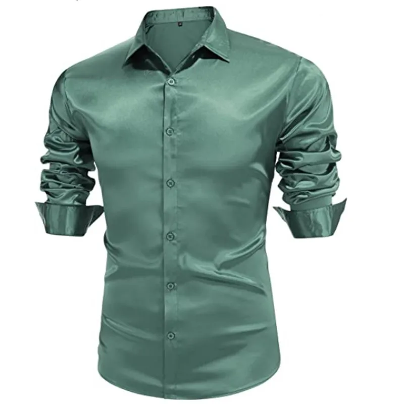 Men's luxury bright Silk ball Dress Shirt Long sleeve Casual slim muscle Button down Shirt plus size S-3XL