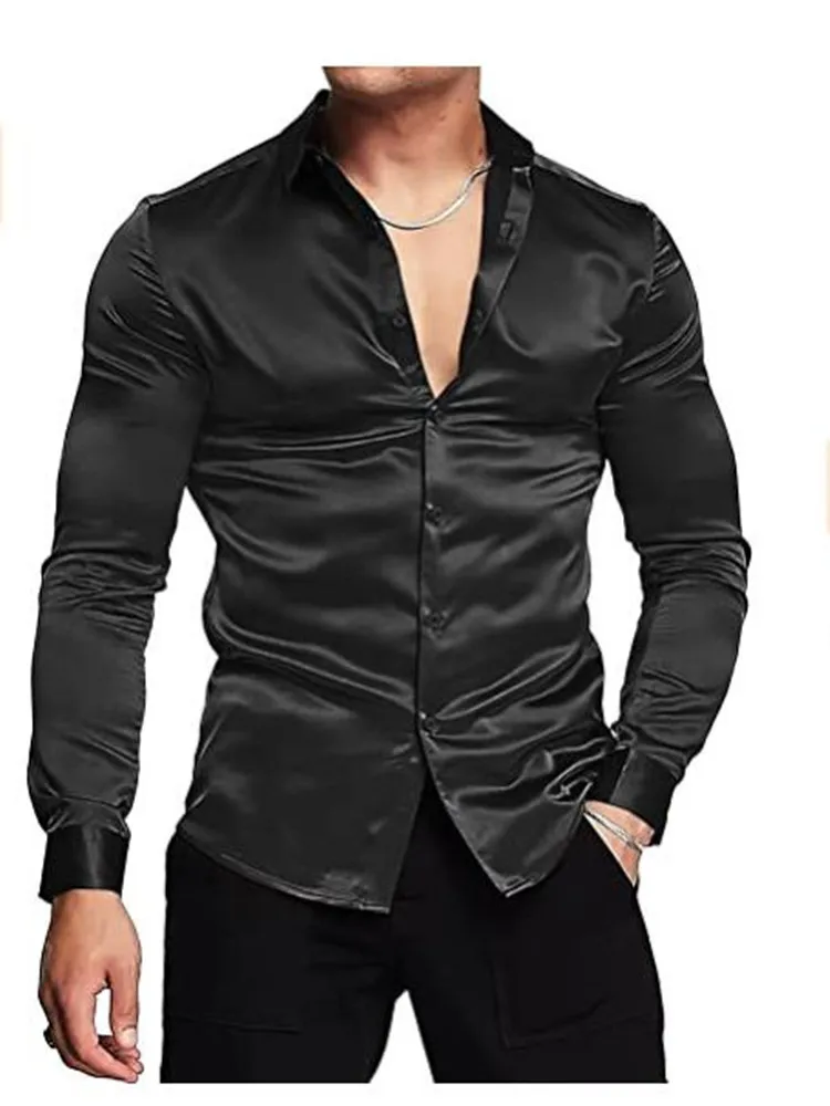 Men's luxury bright Silk ball Dress Shirt Long sleeve Casual slim muscle Button down Shirt plus size S-3XL