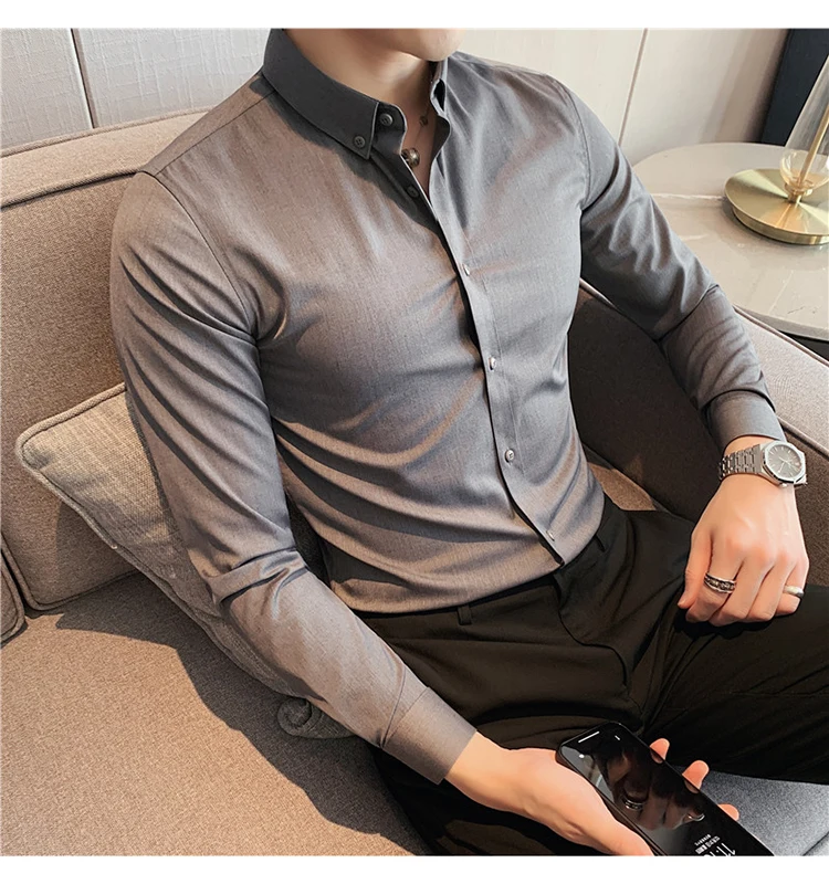 British Style Mens Shirt Long Sleeve 2024 New Solid Casual Slim Fit Formal Dress Camisas Fashion Men Clothing Oversized 7XL-S